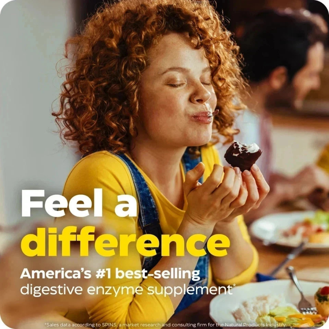 Woman eating dessert with text about digestive enzyme supplement