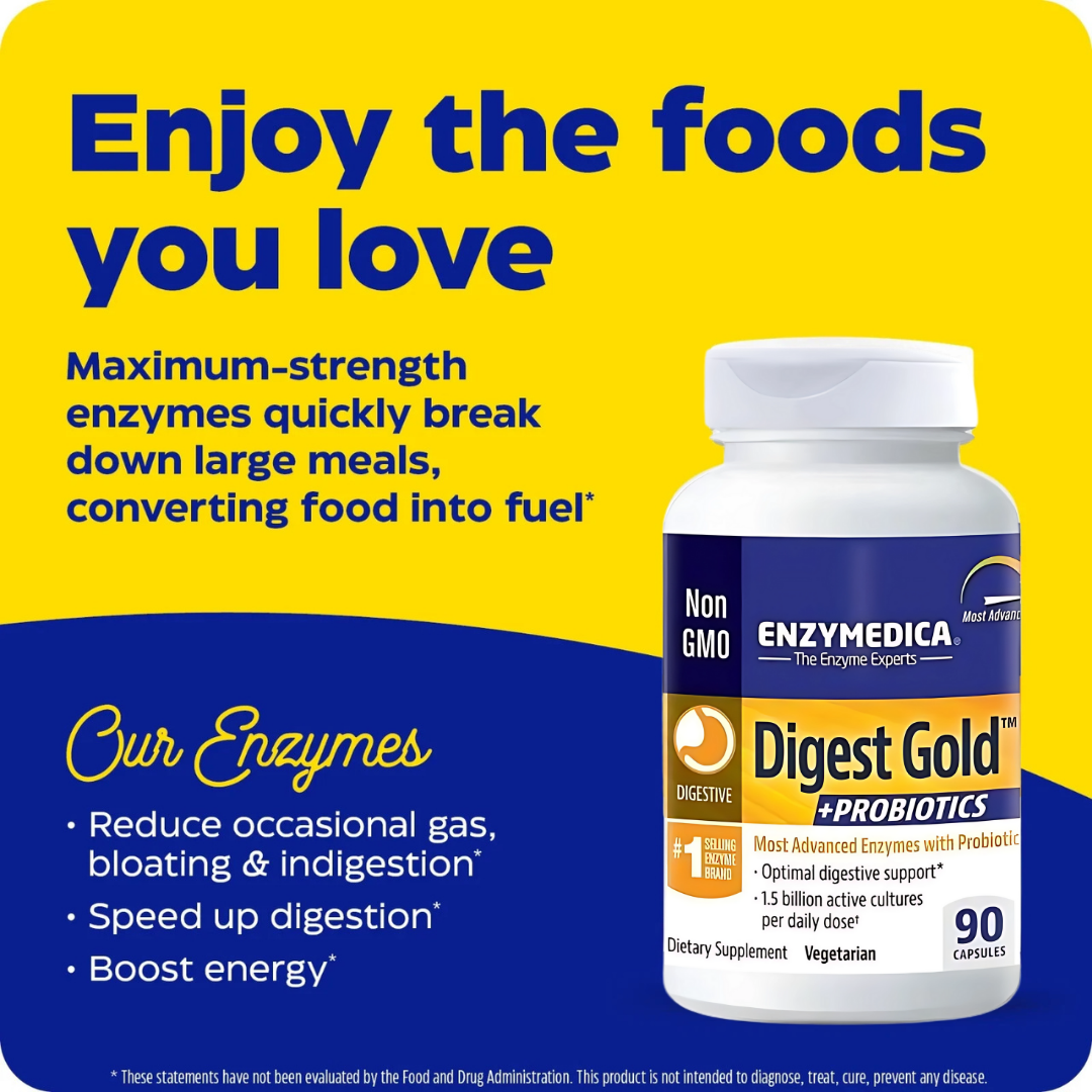 Enzymedica Digest Gold + Probiotics supplement bottle with promotional text on a yellow and blue background