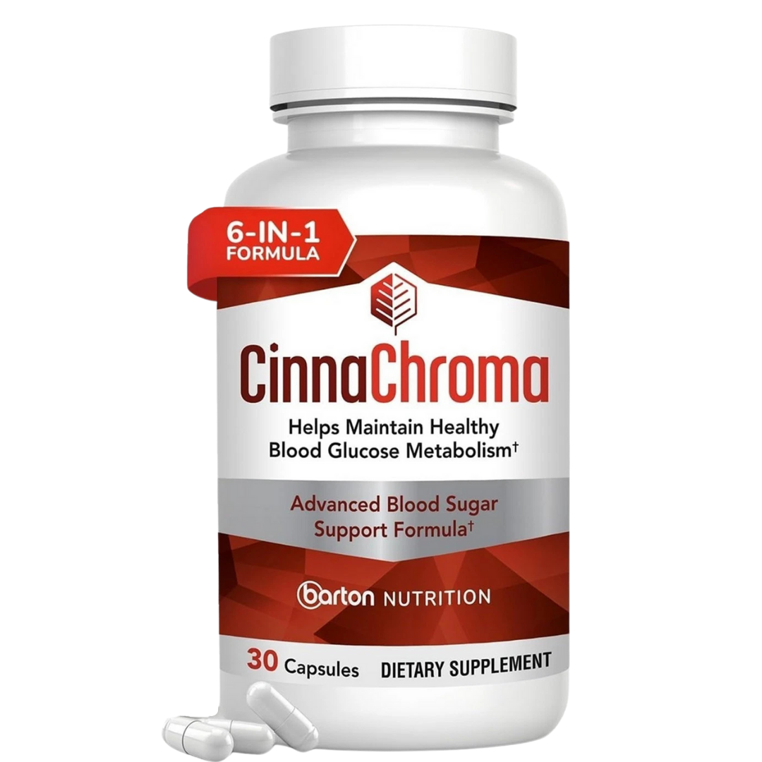 Bottle of CinnaChroma dietary supplement with red and white label on a white background