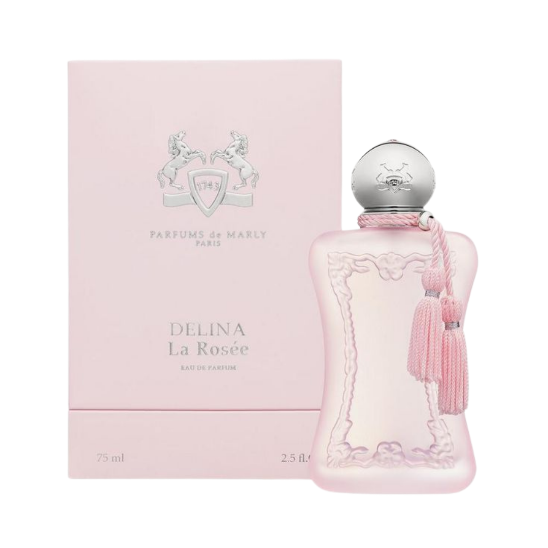 Perfume bottle and packaging of Delina La Rosée by Parfums de Marly on a white background
