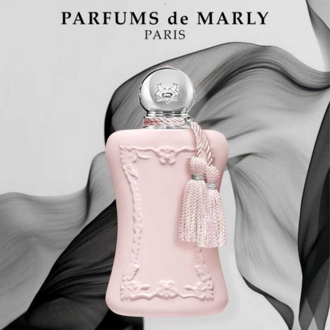 Pink perfume bottle with decorative elements on a gray background, featuring 'Parfums de Marly' branding.