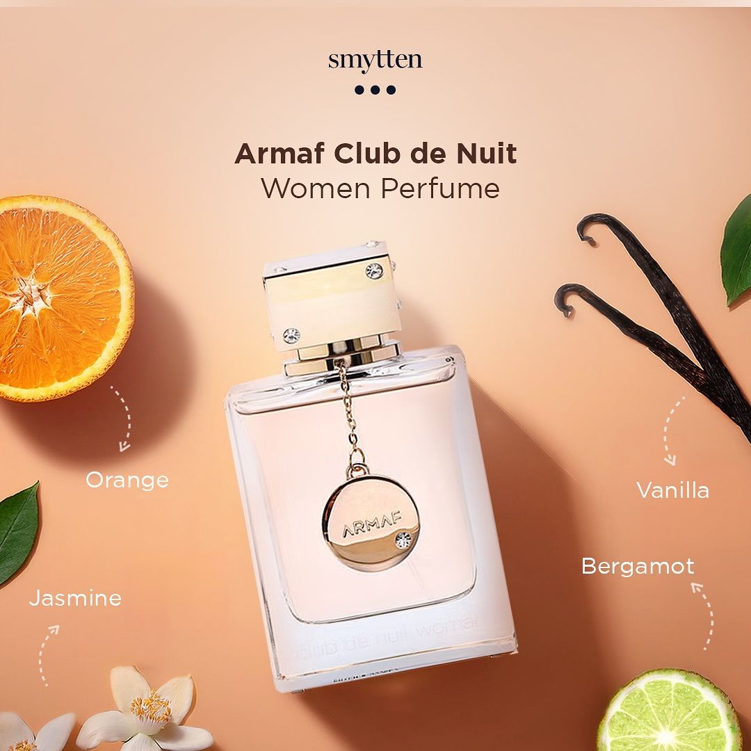 Armaf Club de Nuit women's perfume bottle with floral and fruit elements on a peach background