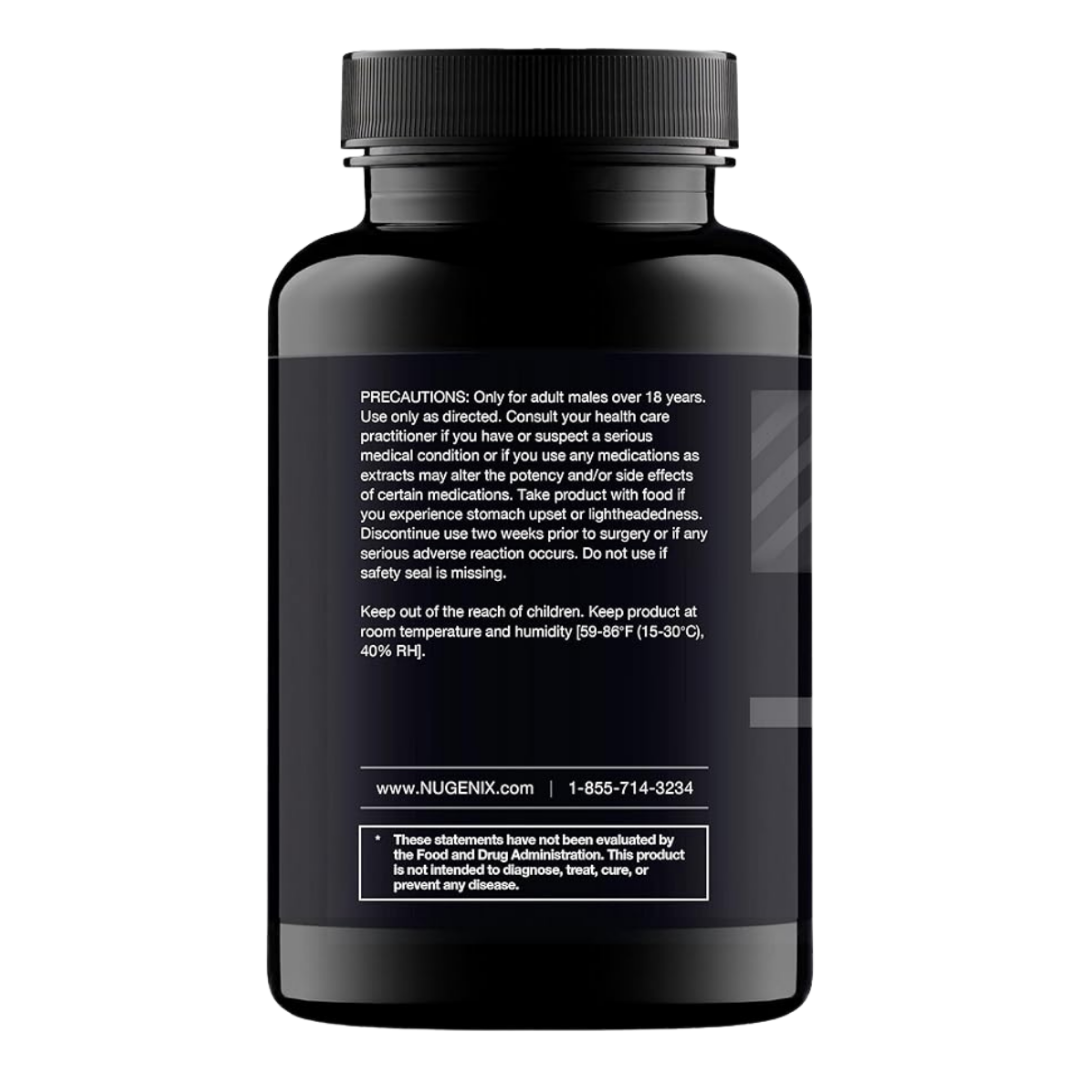 Black supplement bottle with text on a white background