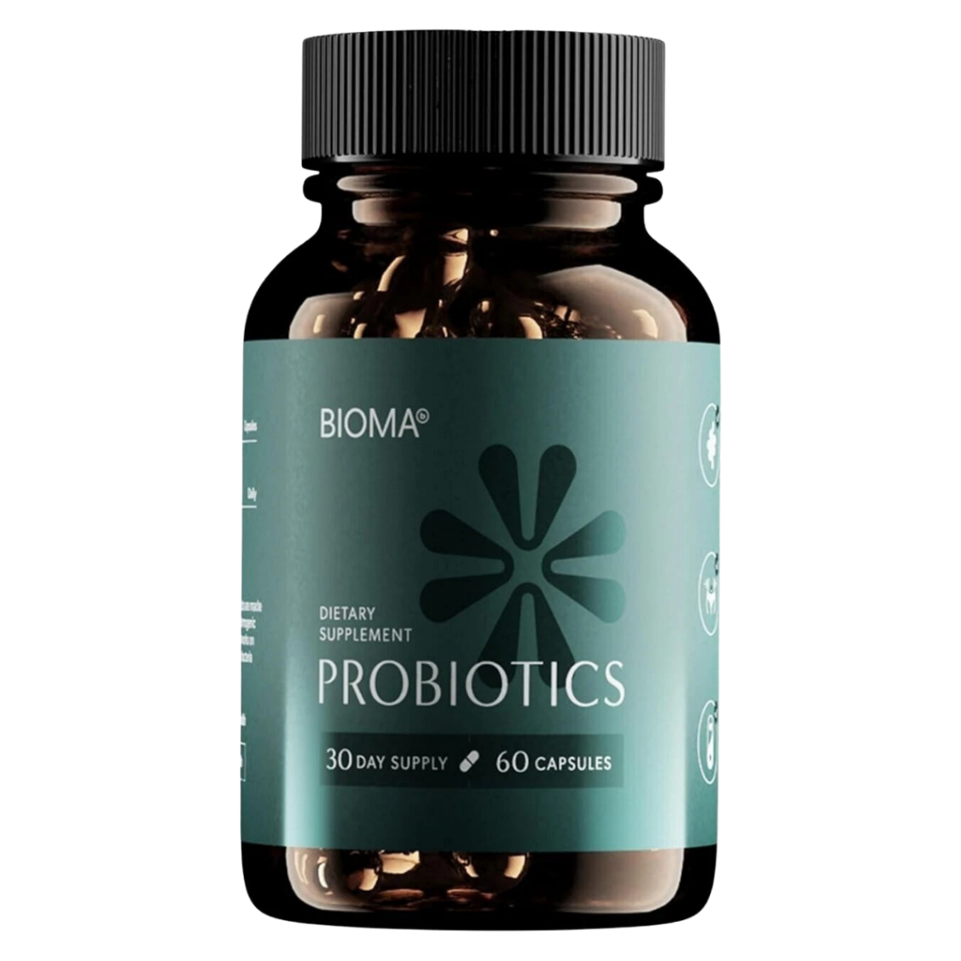 Bioma probiotics supplement bottle on a white background