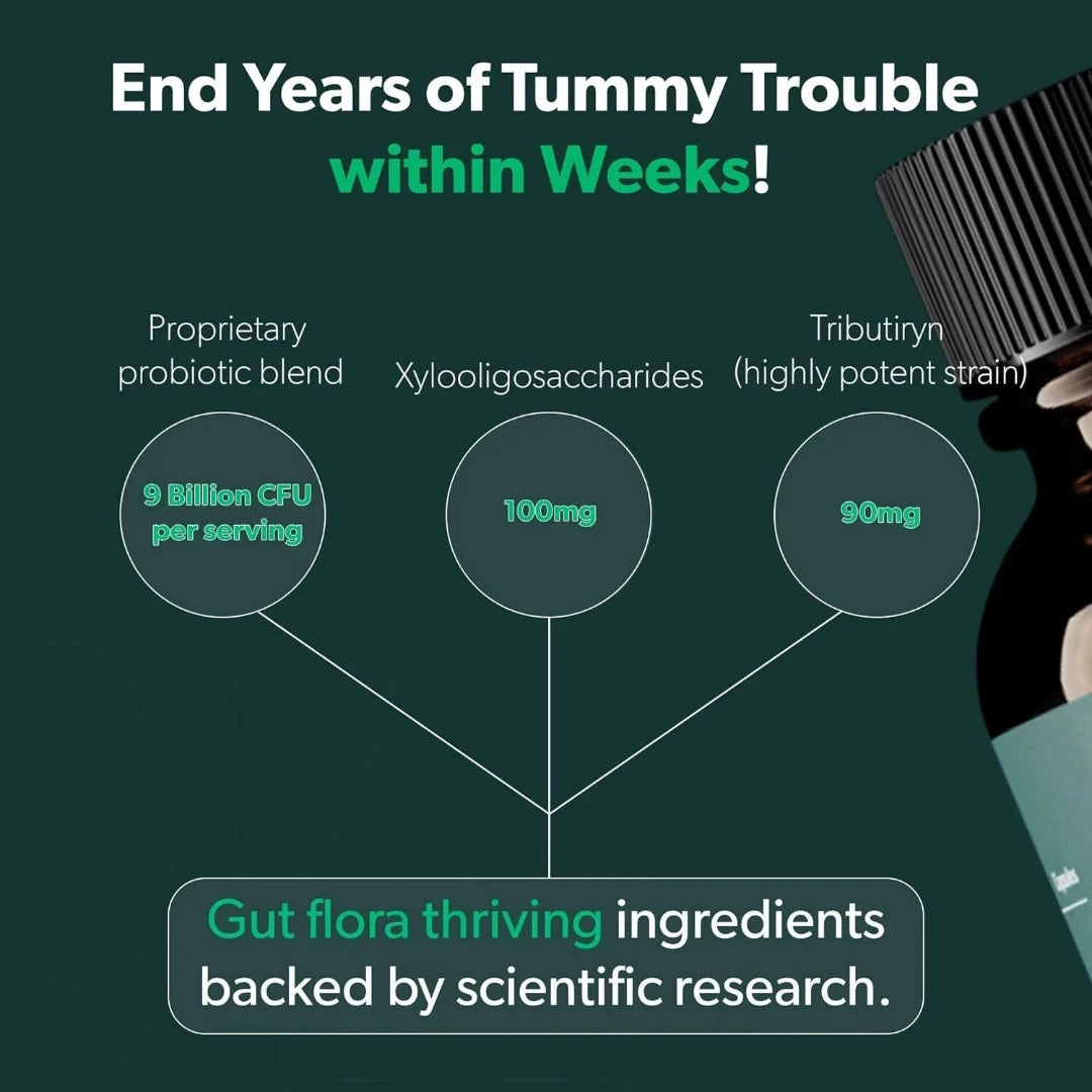 Advertisement for a product claiming to end tummy trouble with gut flora thriving ingredients on a dark green background.