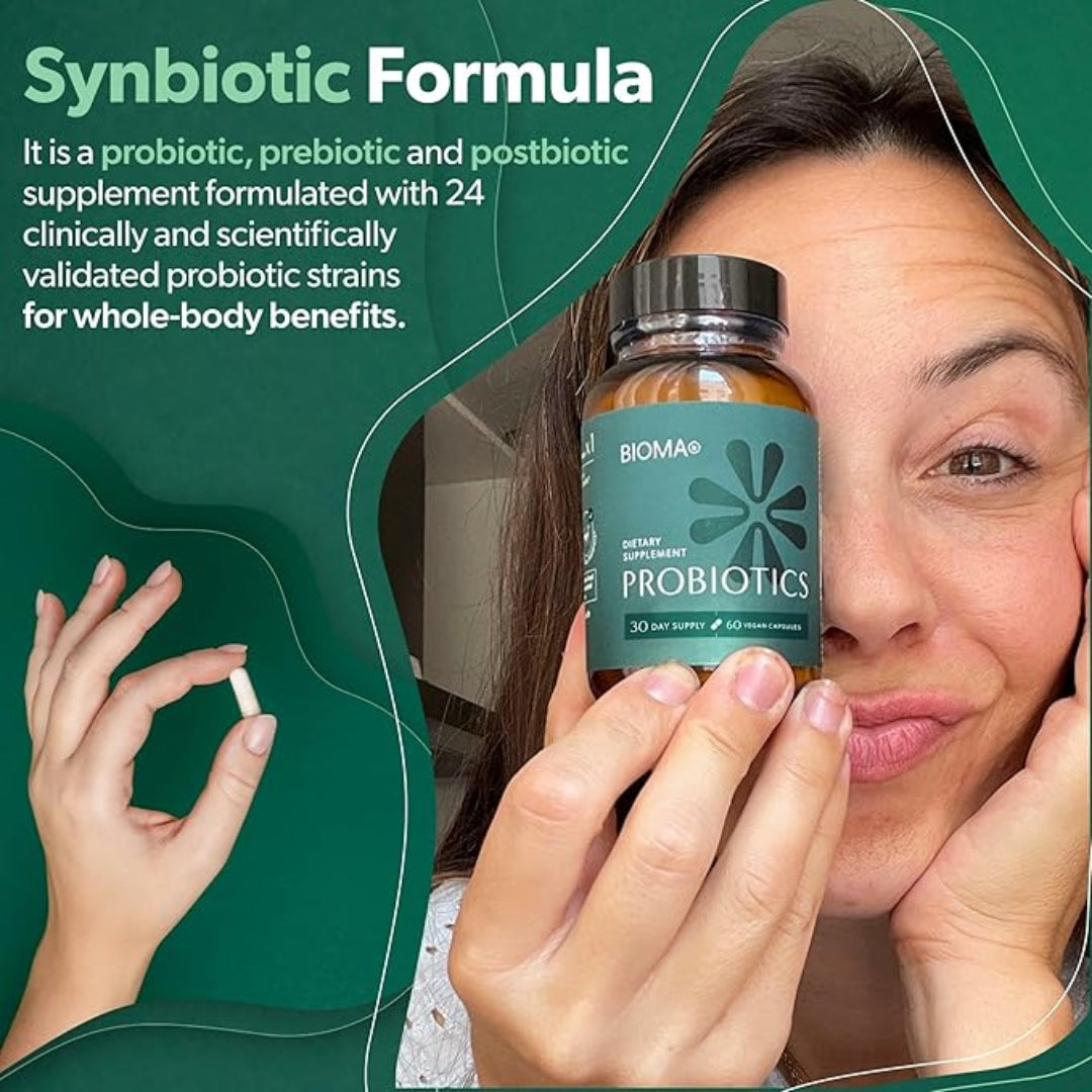 Woman holding a bottle of BIOMA Probiotics with text about the synbiotic formula on a green background.