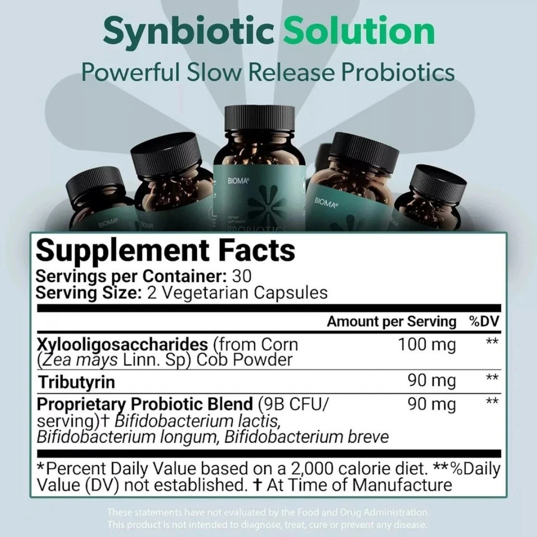 Supplement facts label for a probiotic product with bottles in the background