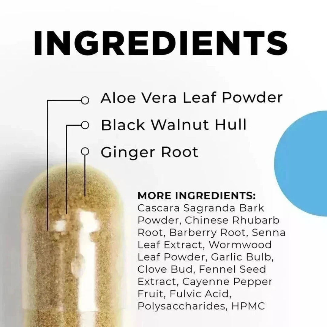 List of ingredients with a glass container on a white background