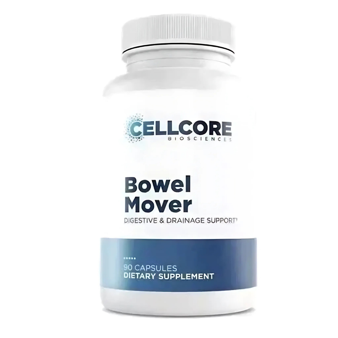 Supplement bottle labeled 'Bowel Mover' by CellCore Bioscience on a white background