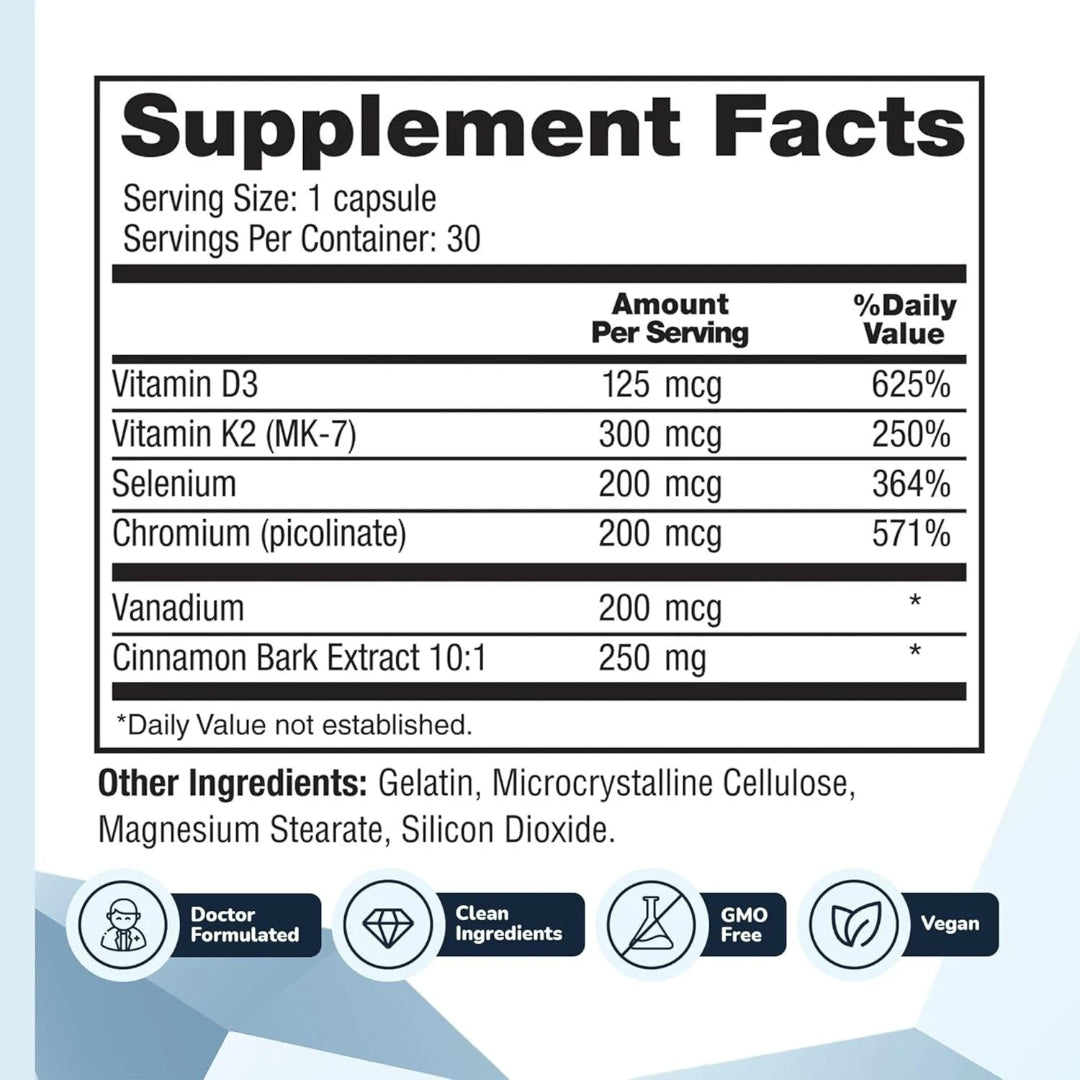 Supplement facts label with detailed nutritional information on a light blue background
