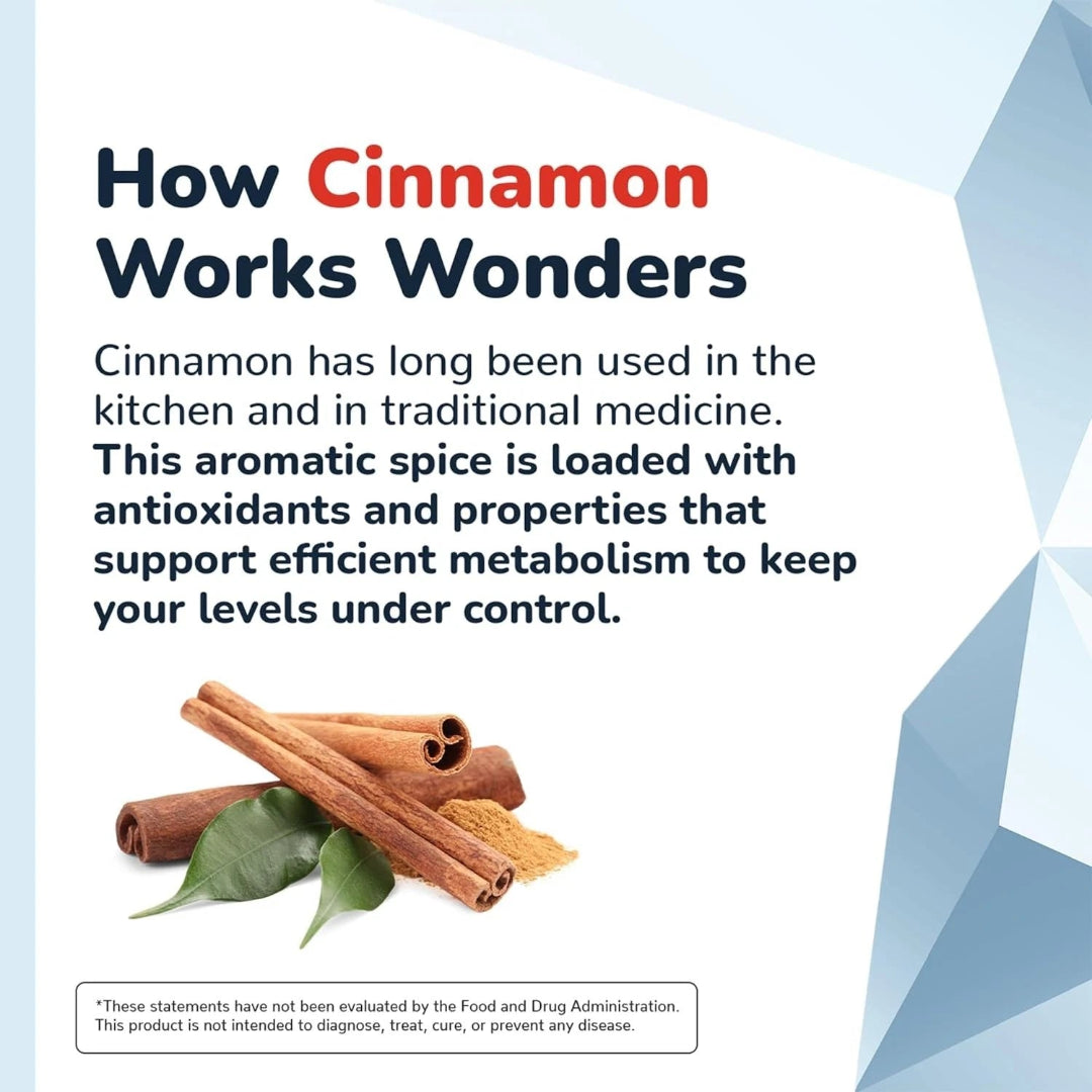 Promotional graphic about cinnamon with text and cinnamon sticks on a light blue background