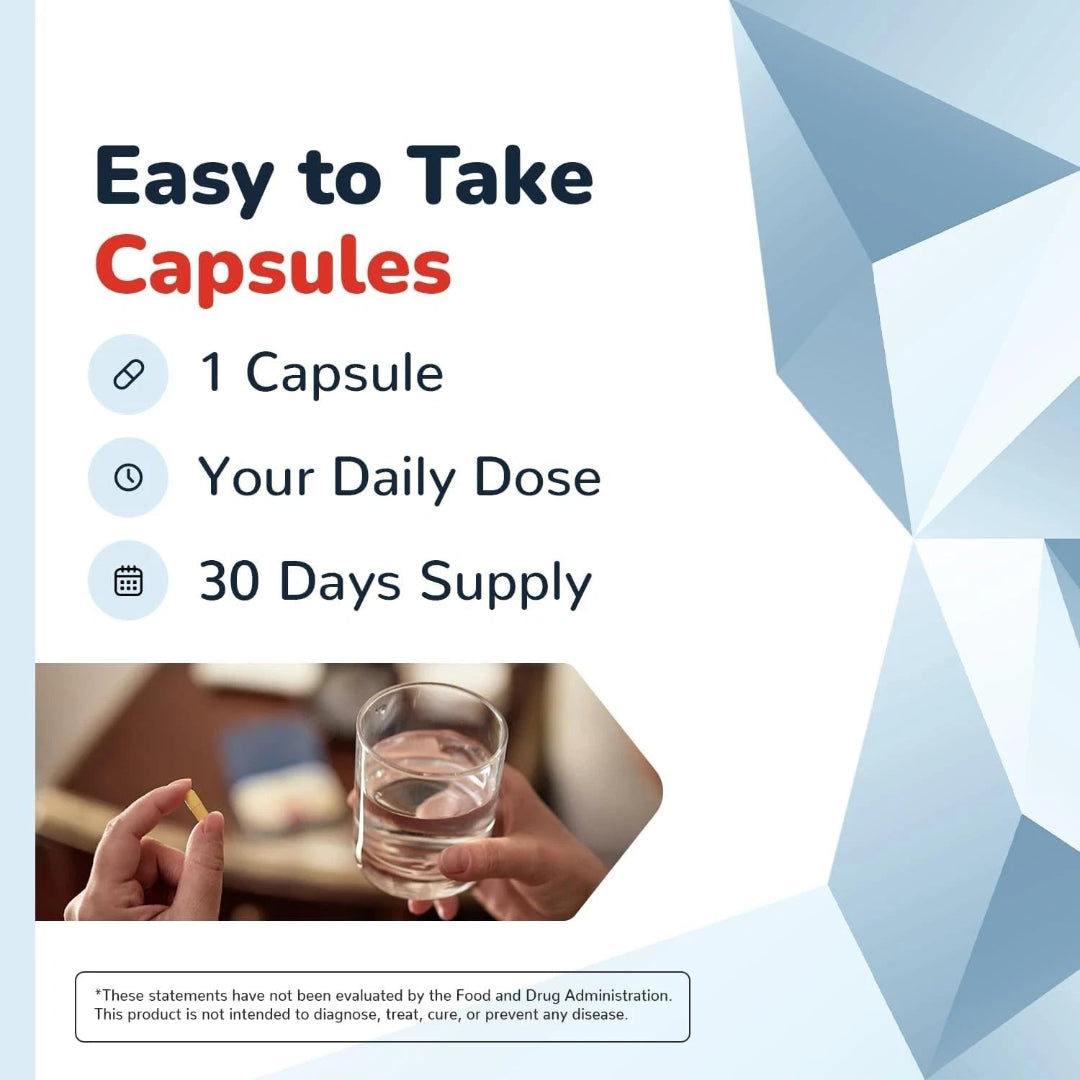 Promotional graphic for easy-to-take capsules with text and a geometric design.