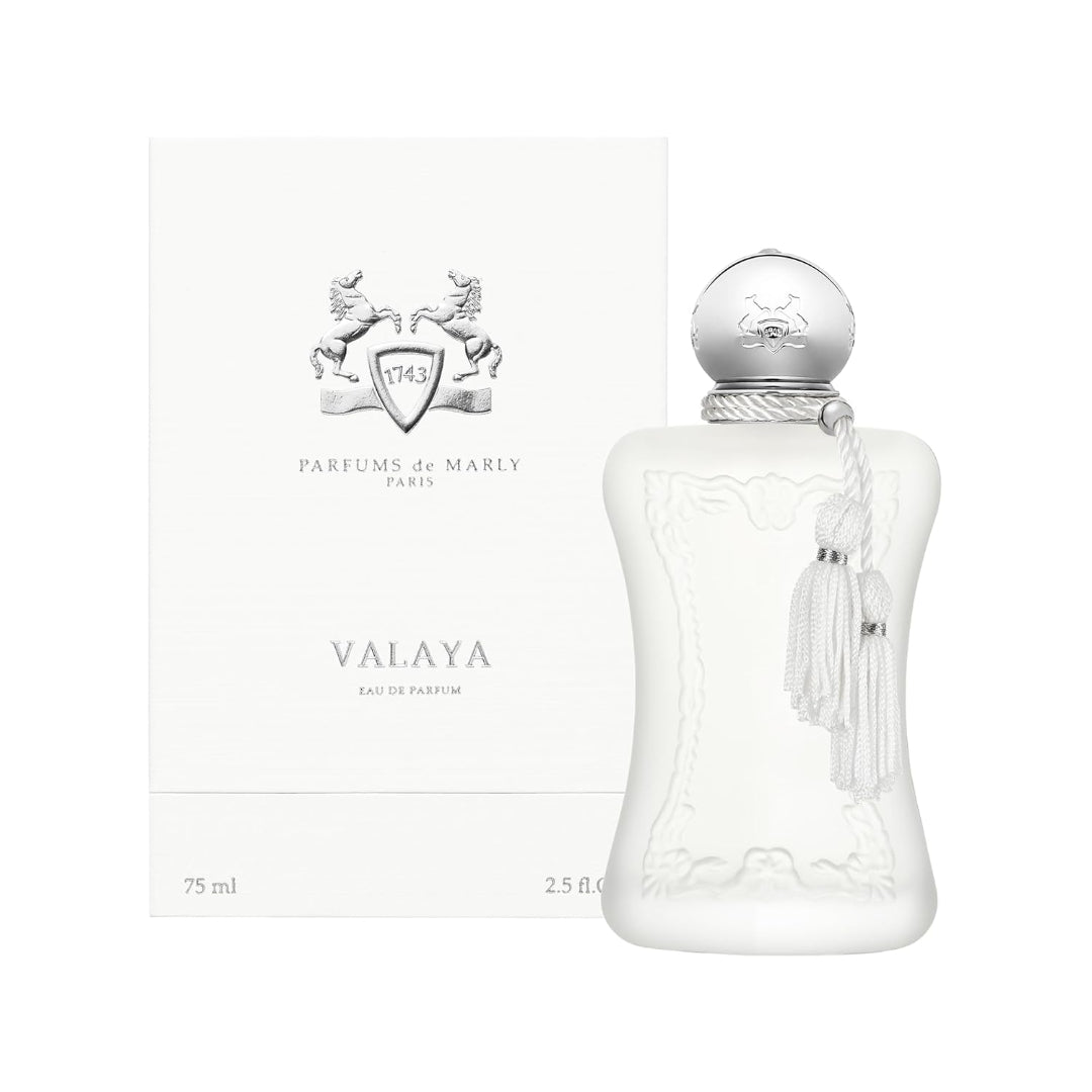 Valaya perfume bottle with packaging on a white background