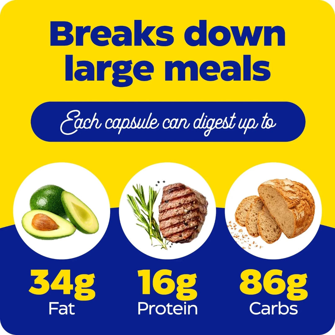 Product label showing nutritional breakdown of food items with images and text on a yellow and blue background.