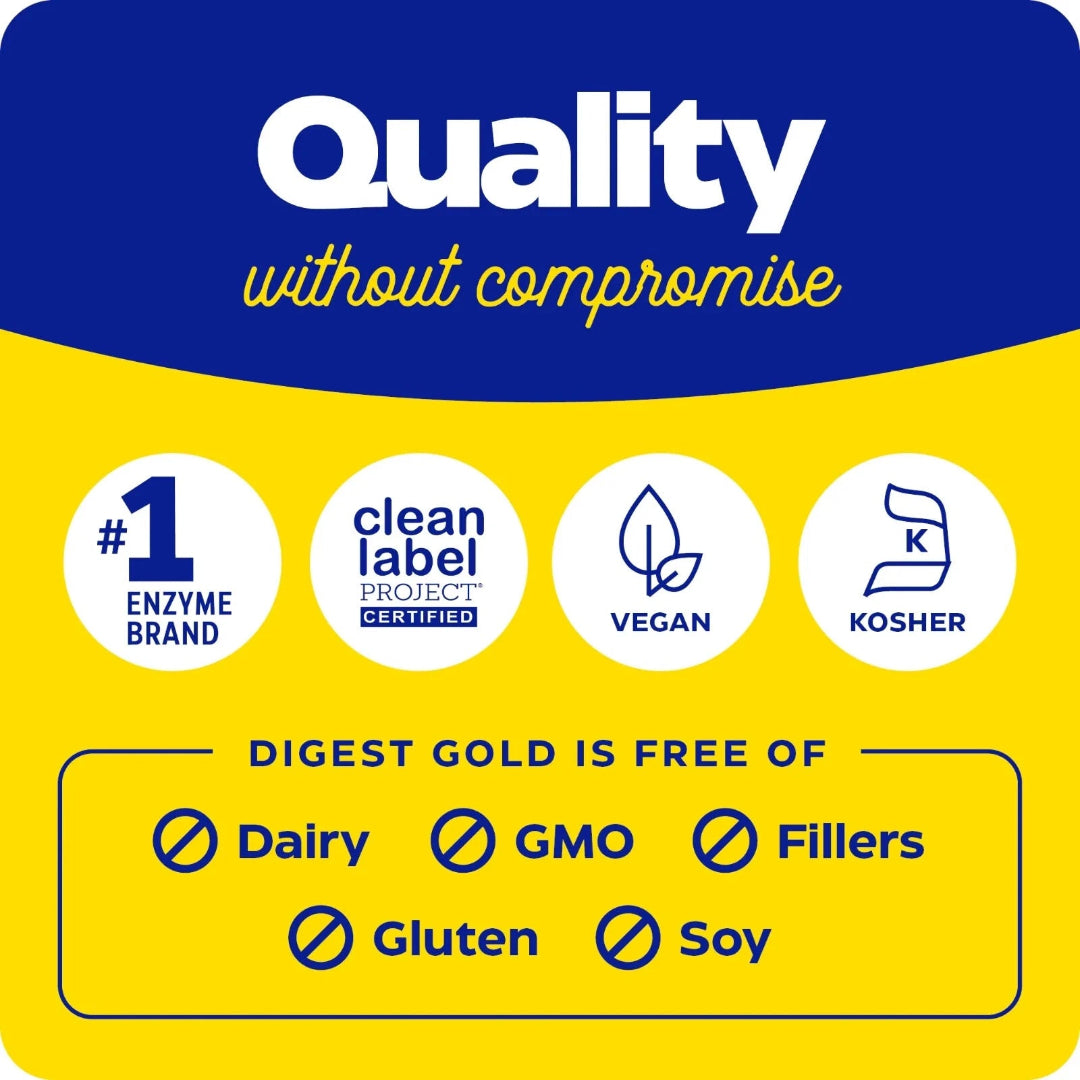 Product label with 'Quality without compromise' on a blue and yellow background, featuring certification logos and allergen-free claims.