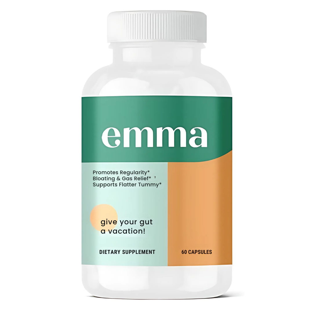 Dietary supplement bottle labeled 'emma' on a white background