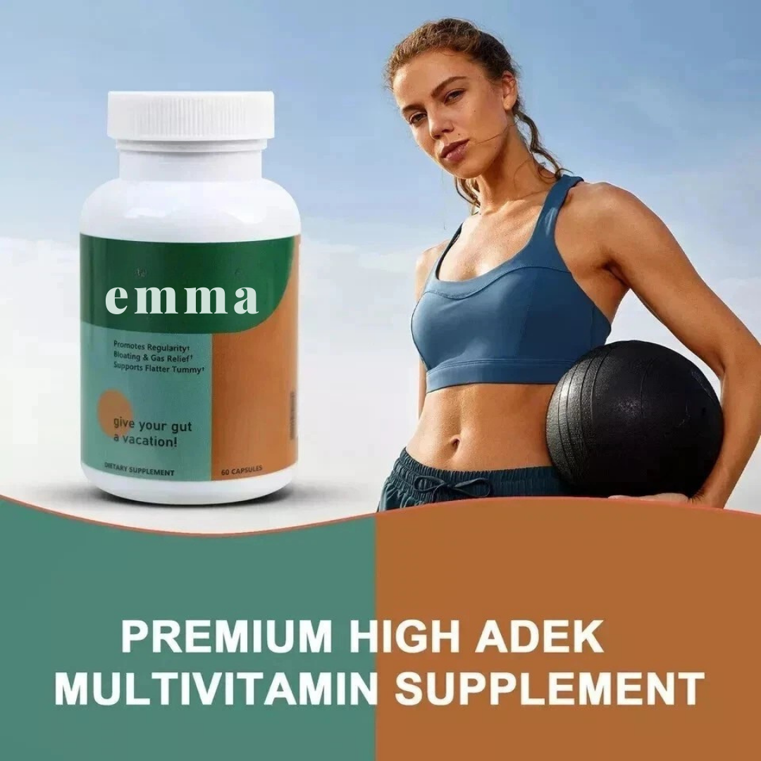 Woman holding a medicine ball next to an 'emma' multivitamin supplement bottle on a gradient background.