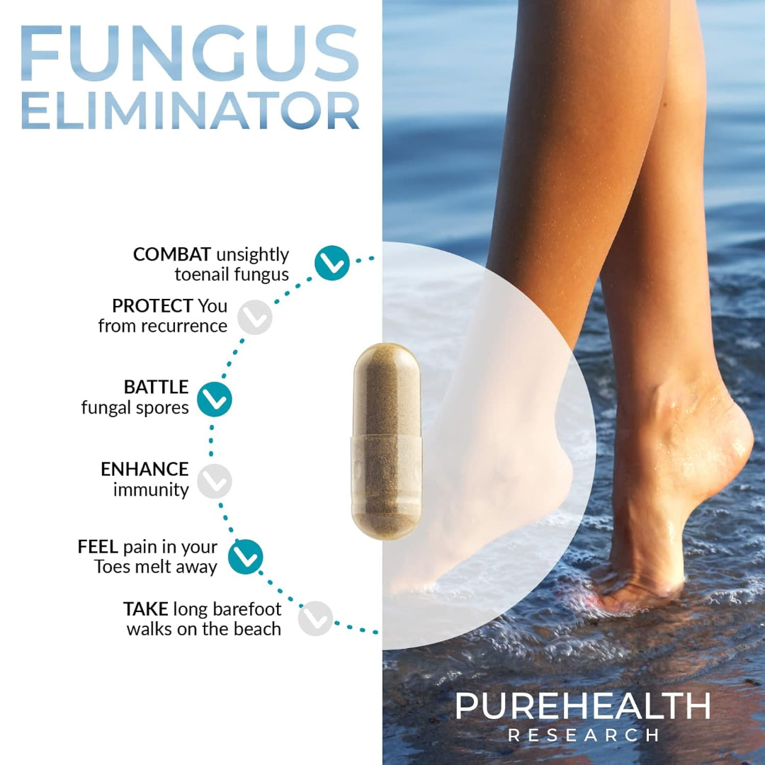 Advertisement for a 'Fungus Eliminator' product by PureHealth Research with a pill and beach scene.