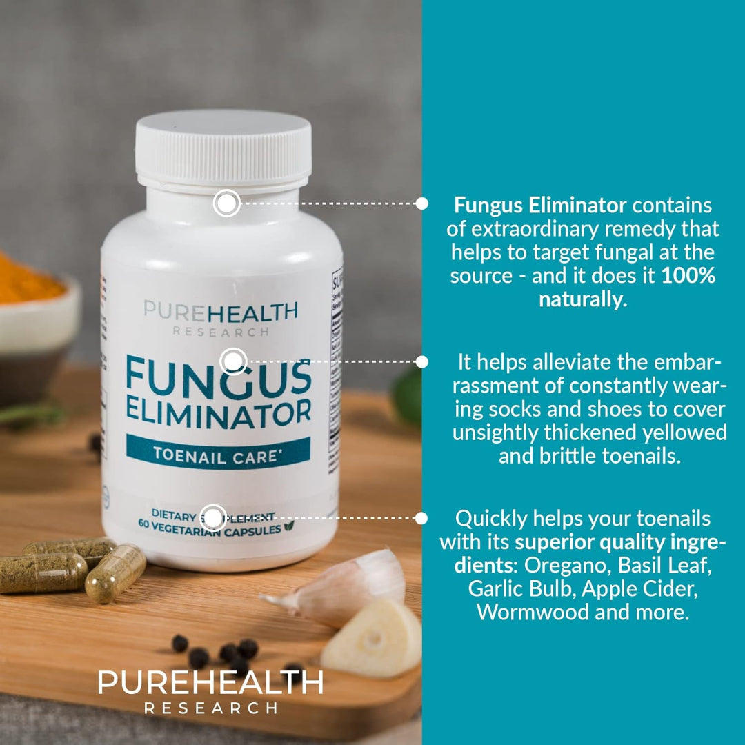 Bottle of PureHealth Research Fungus Eliminator on a wooden surface with text about its benefits.