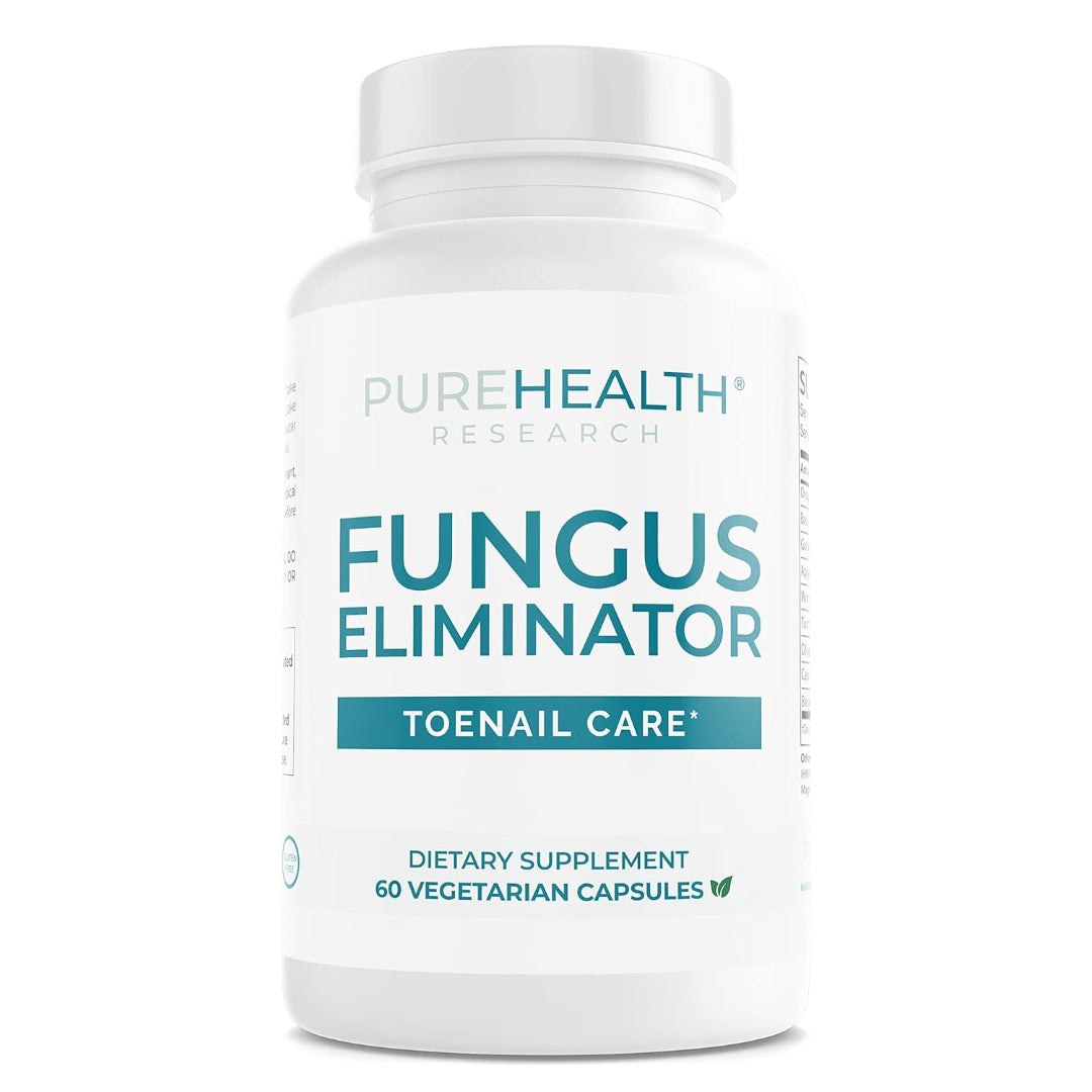 Supplement bottle labeled 'Fungus Eliminator' by Pure Health Research on a white background