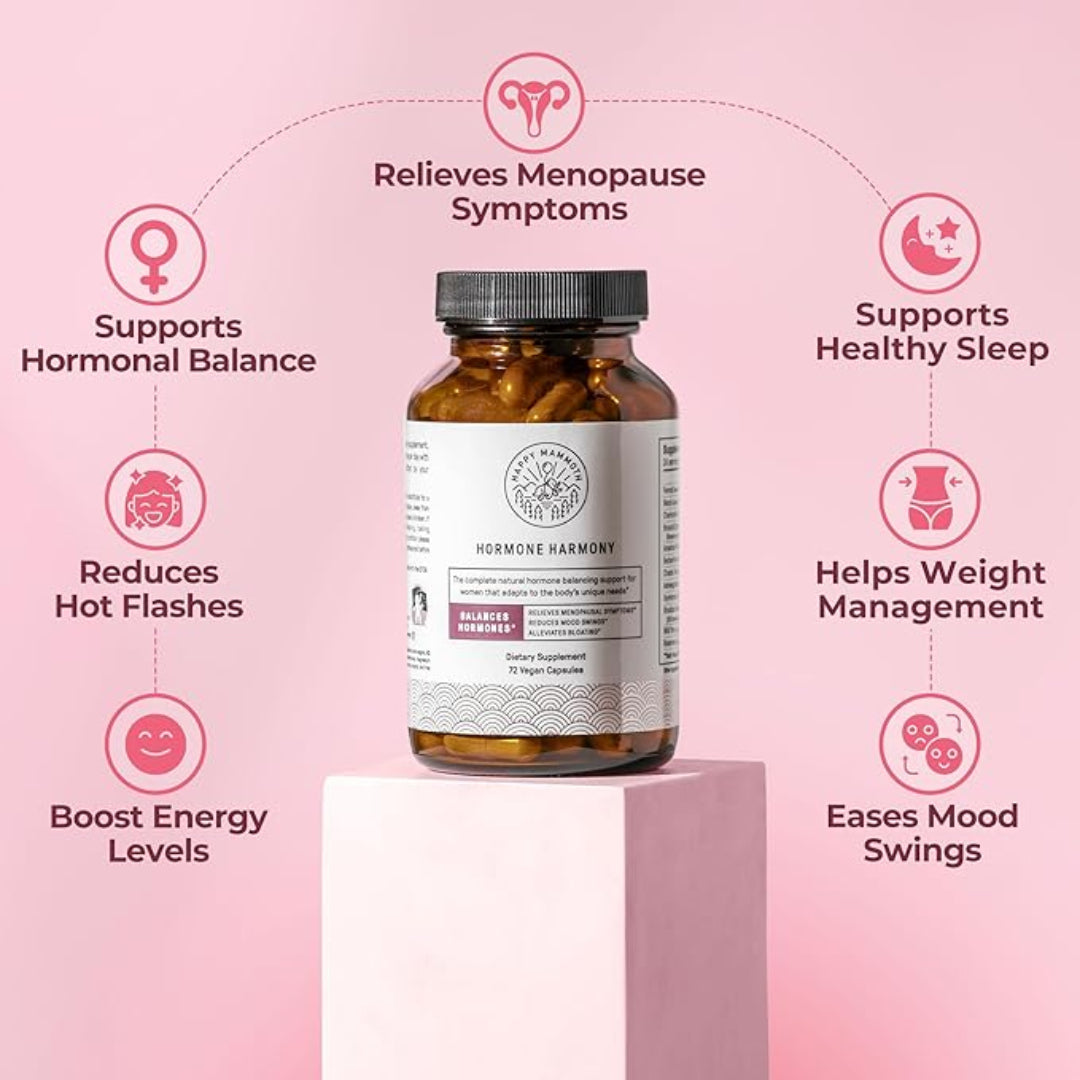 Supplement bottle labeled 'Hormone Harmony' on a pink background with icons and text about supplement benefits.