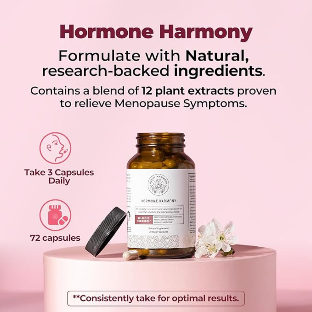 Hormone Harmony supplement bottle with packaging details on a pink background