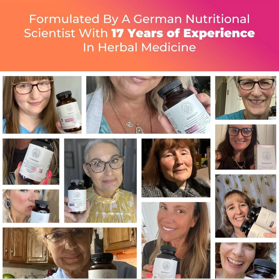 Collage of people holding a product with text about a German nutritional scientist's experience in herbal medicine.