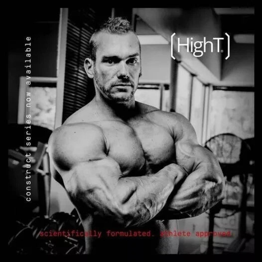 Muscular man posing in a gym with 'HighT' branding and promotional text.