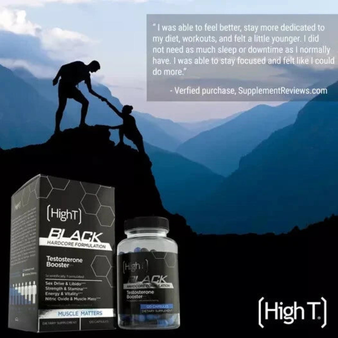 High T Black Testosterone Booster packaging with a mountainous background and customer testimonial.
