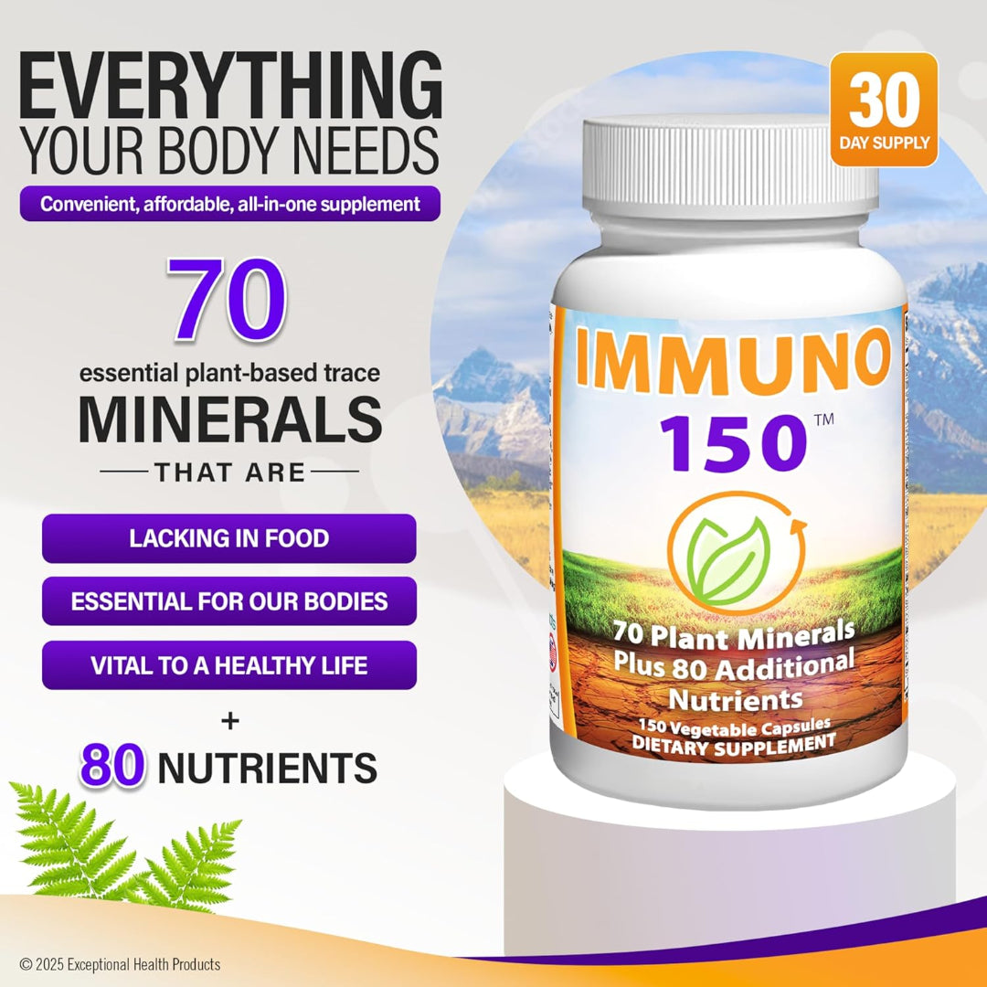 Supplement bottle labeled 'IMMUNO 150' with scenic background