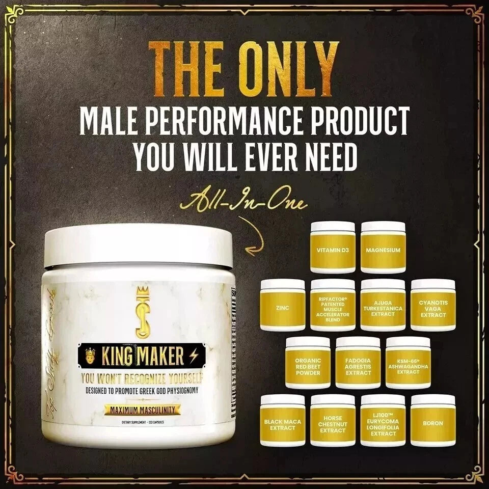 Promotional image of King Maker male performance product with text on a dark background
