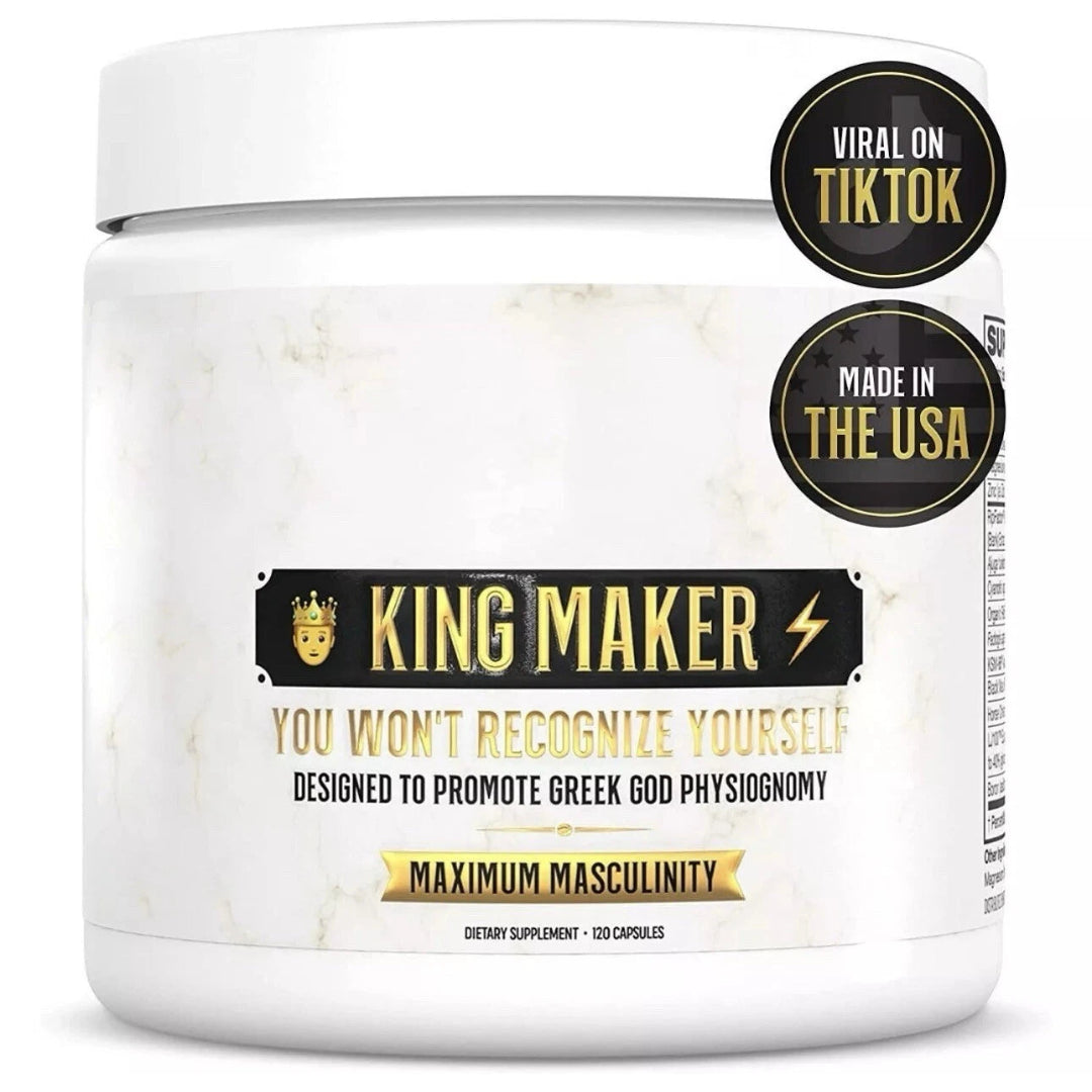 Supplement container labeled 'King Maker' with gold text on a white background