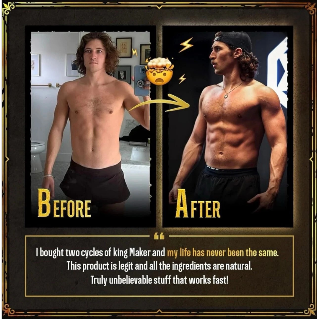 Before and after comparison of a person's physique with promotional text about a product.