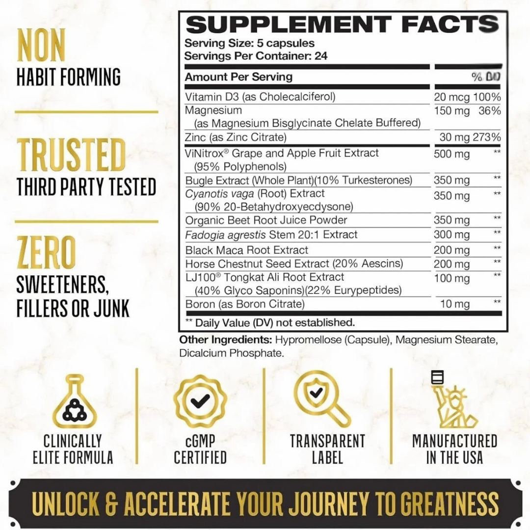 Supplement facts label with various health benefits and product details on a white background.