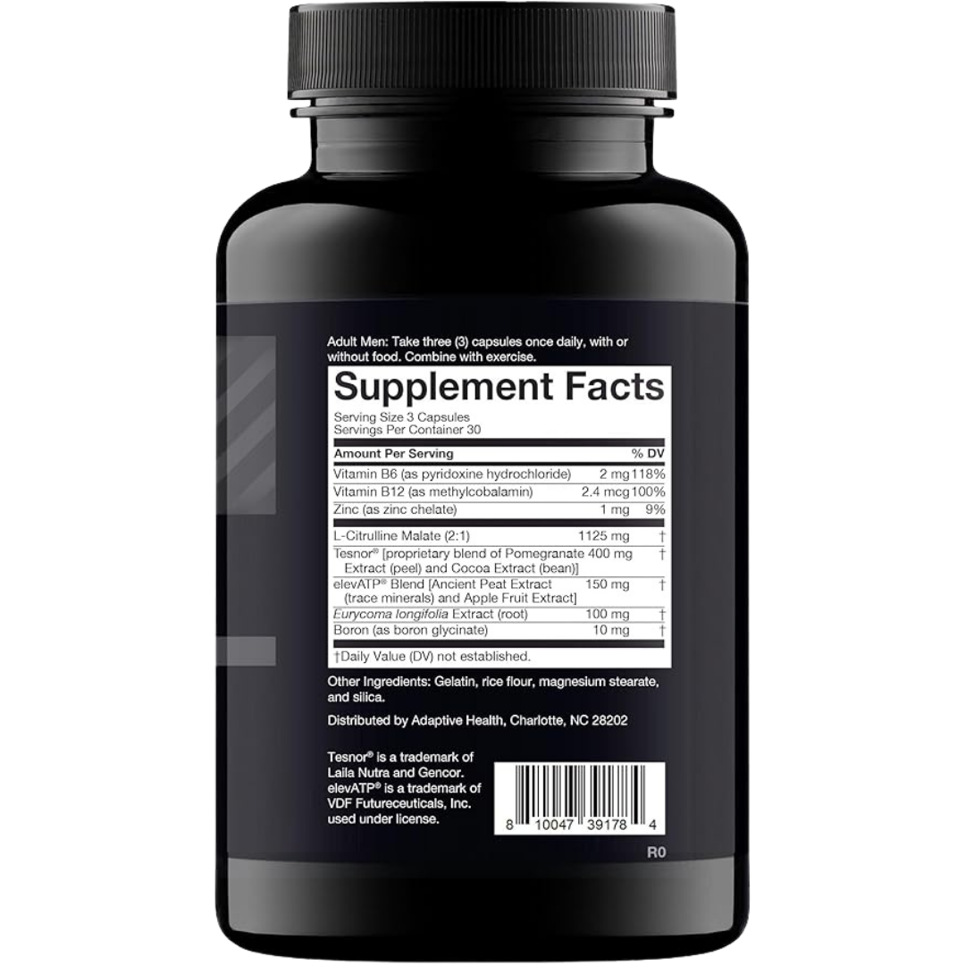 Black supplement bottle with 'Supplement Facts' label on a white background