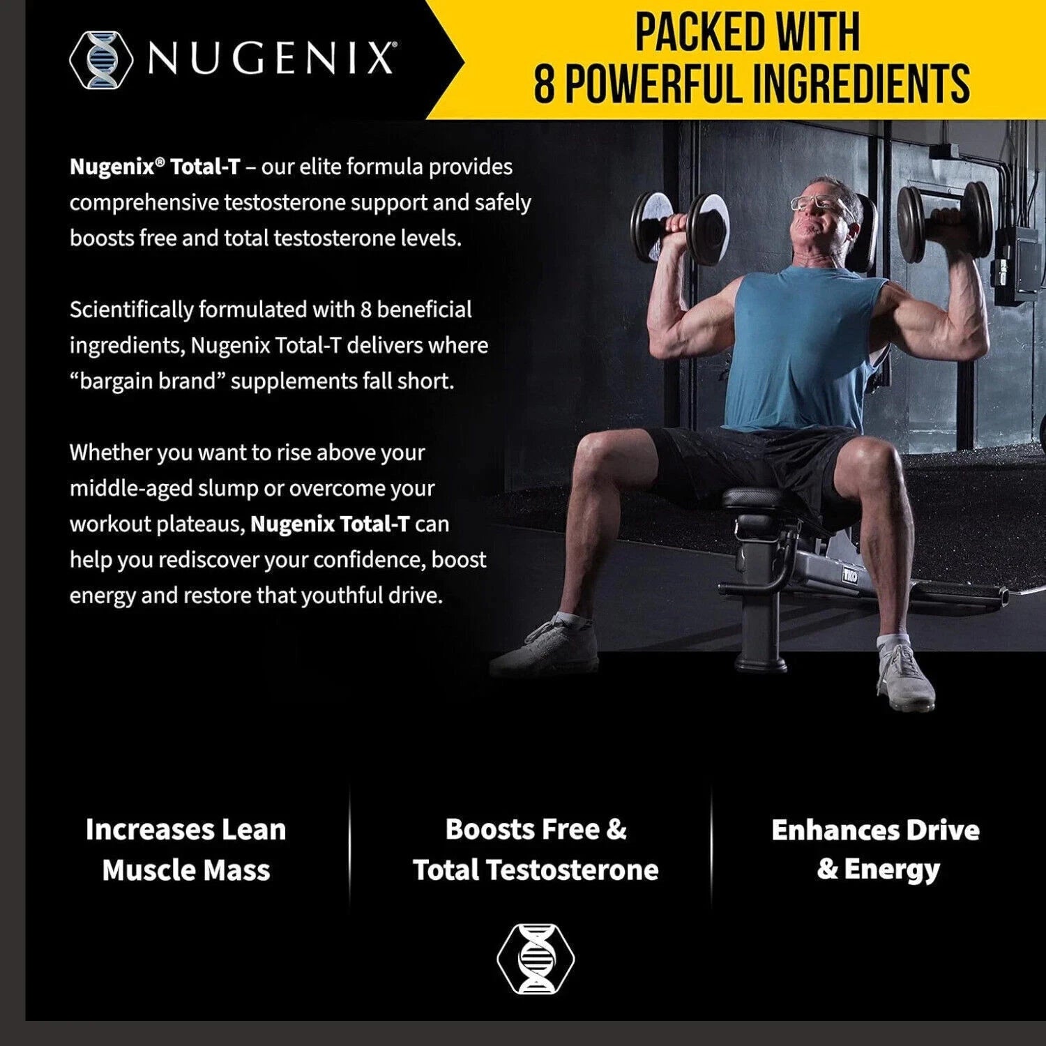 Advertisement for Nugenix Total-T supplement with a man lifting weights in a gym setting.