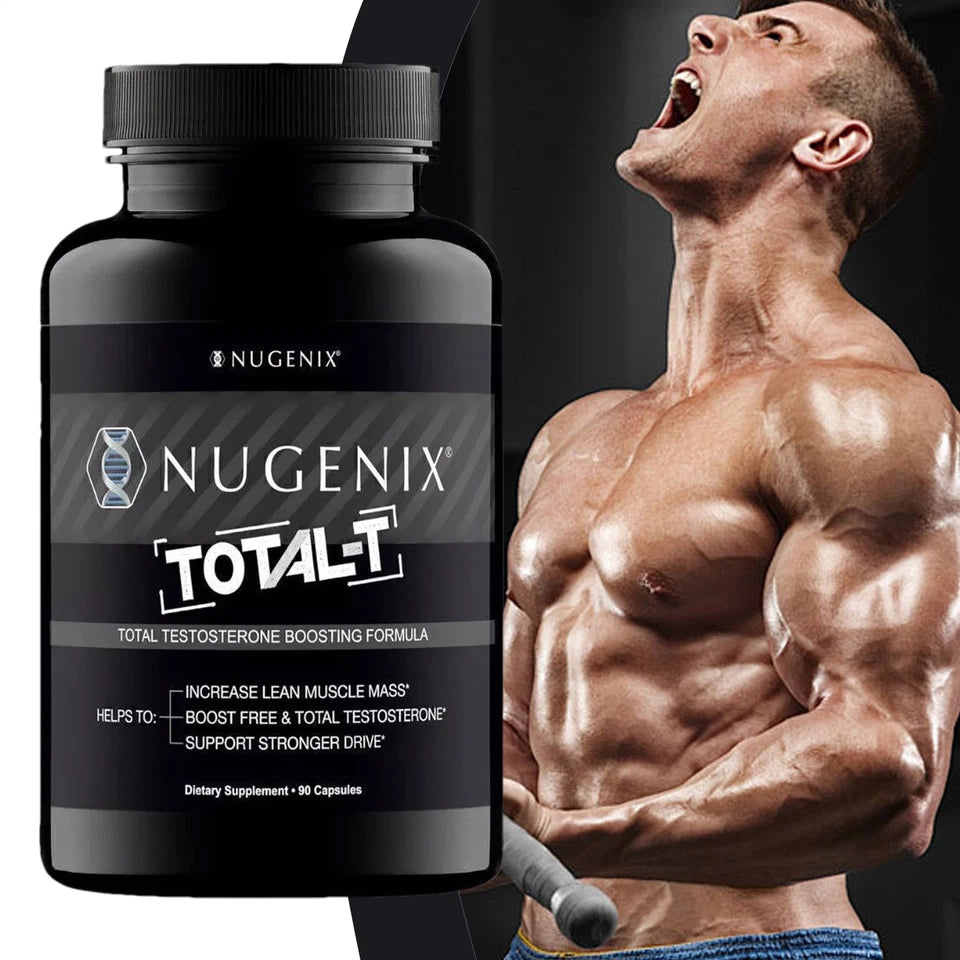 Nugenix Total-T supplement bottle with a muscular man flexing his muscles.