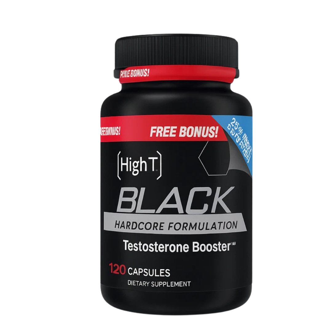 Black testosterone booster supplement bottle with 'High T' branding on a white background