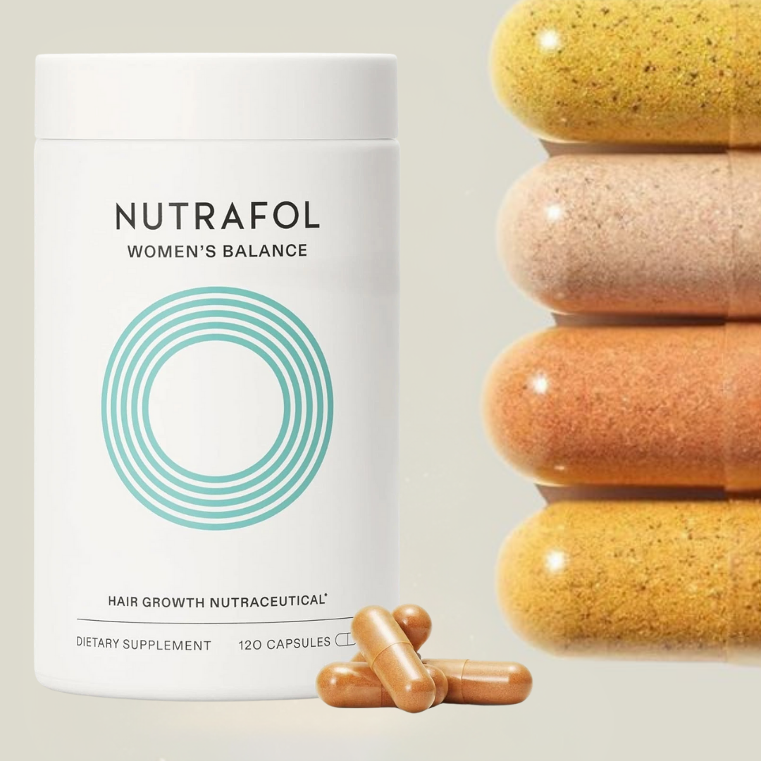 Nutrafol Women's Balance hair growth supplement packaging with capsules on a light background