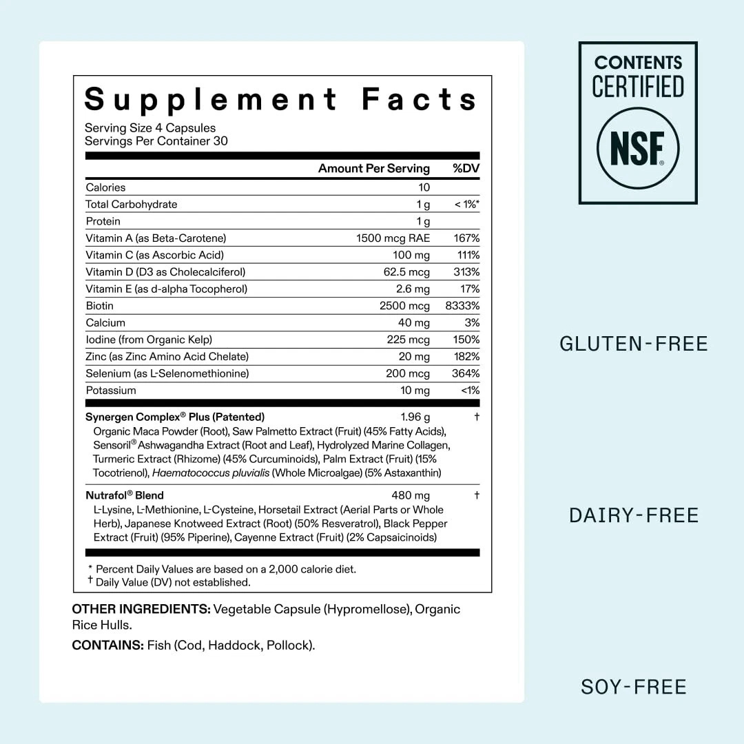 Supplement label with certification logos on a light blue background