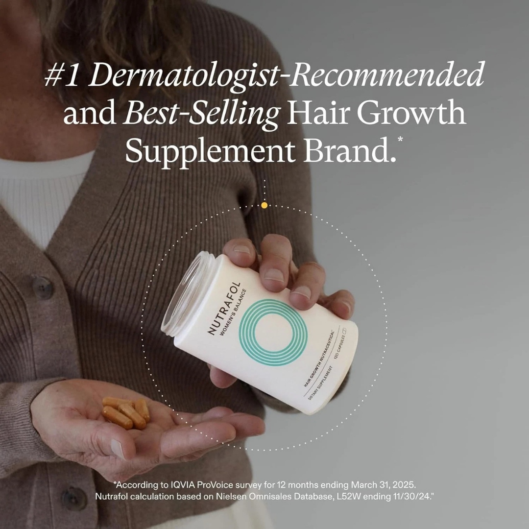 Person holding a Nutrafol supplement container with text about dermatologist recommendation and best-selling status.