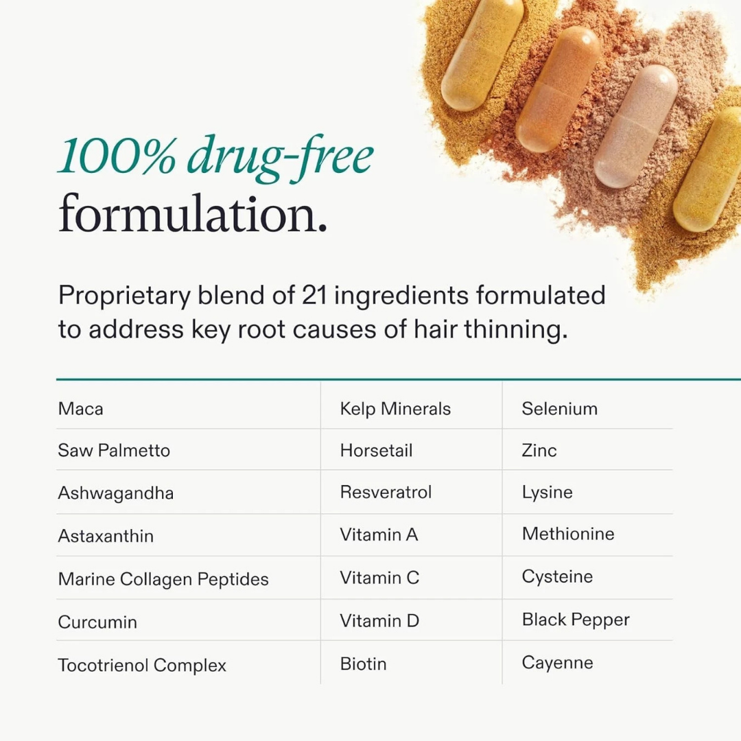 Product packaging with ingredients listed for a hair care formulation.