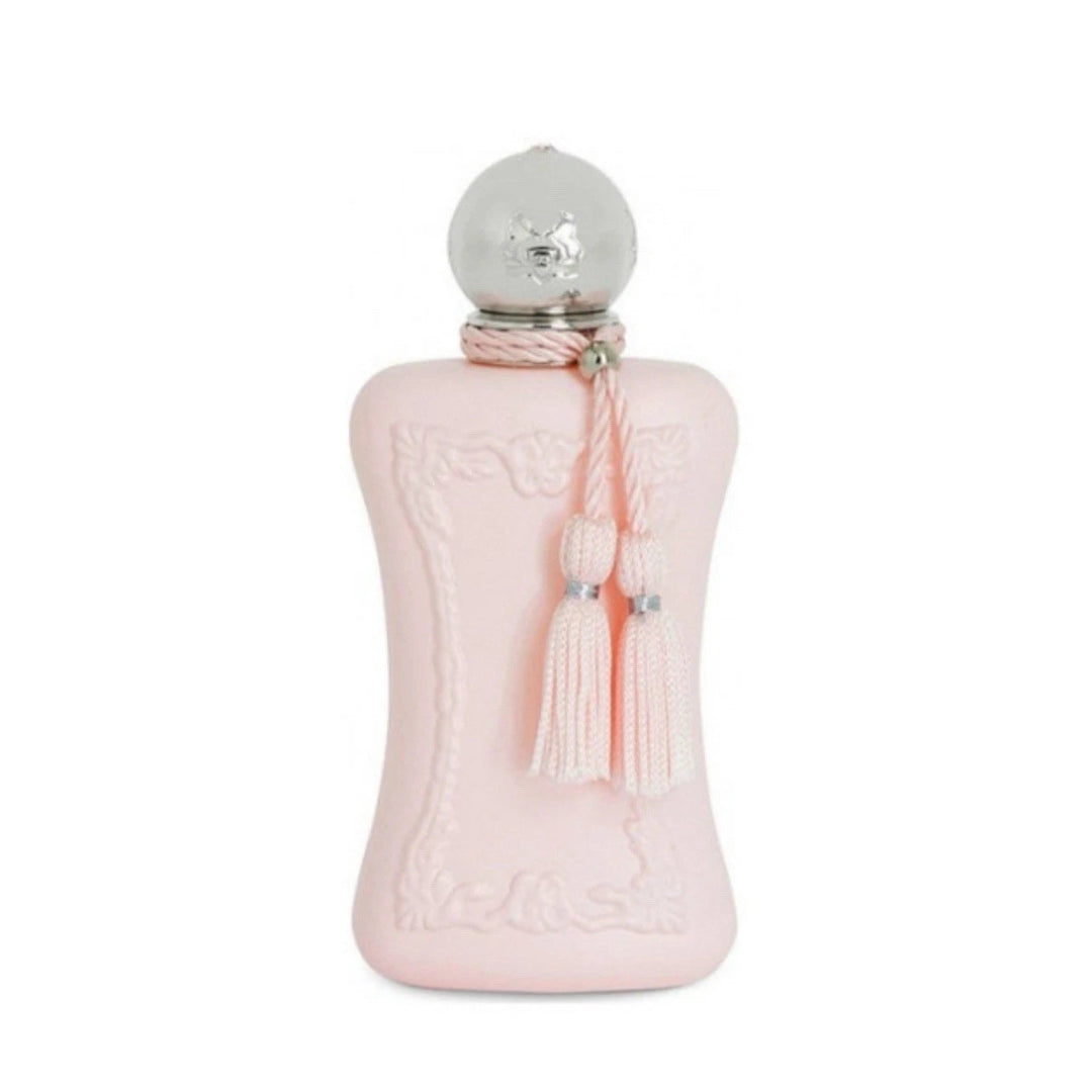 Pink perfume bottle with a silver cap and tassel on a white background