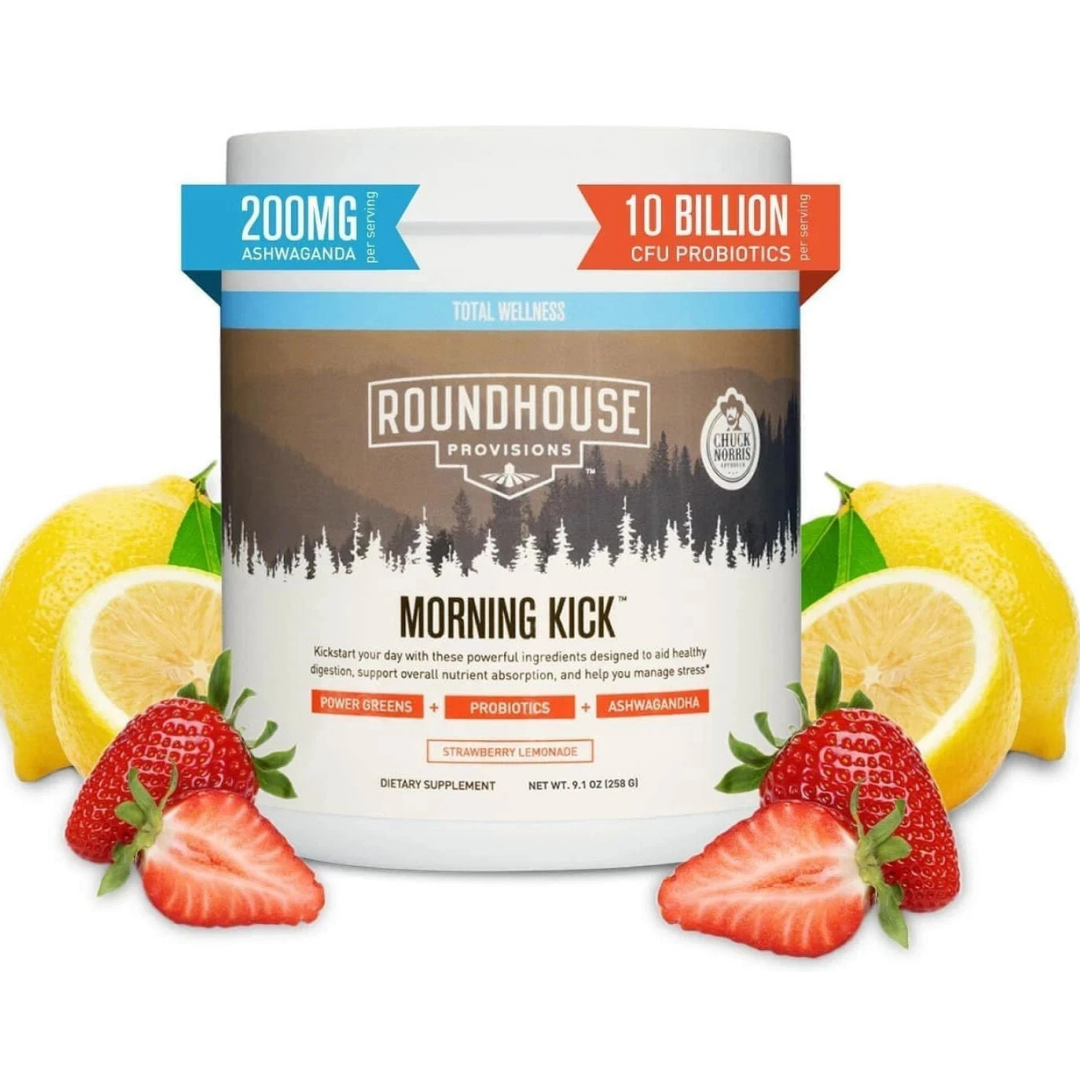 Roundhouse Provisions Morning Kick supplement container with lemons and strawberries on a white background