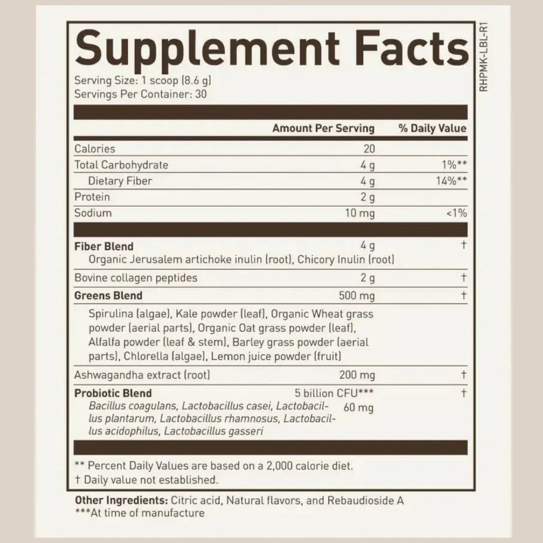 Supplement facts label with detailed nutritional information on a beige background