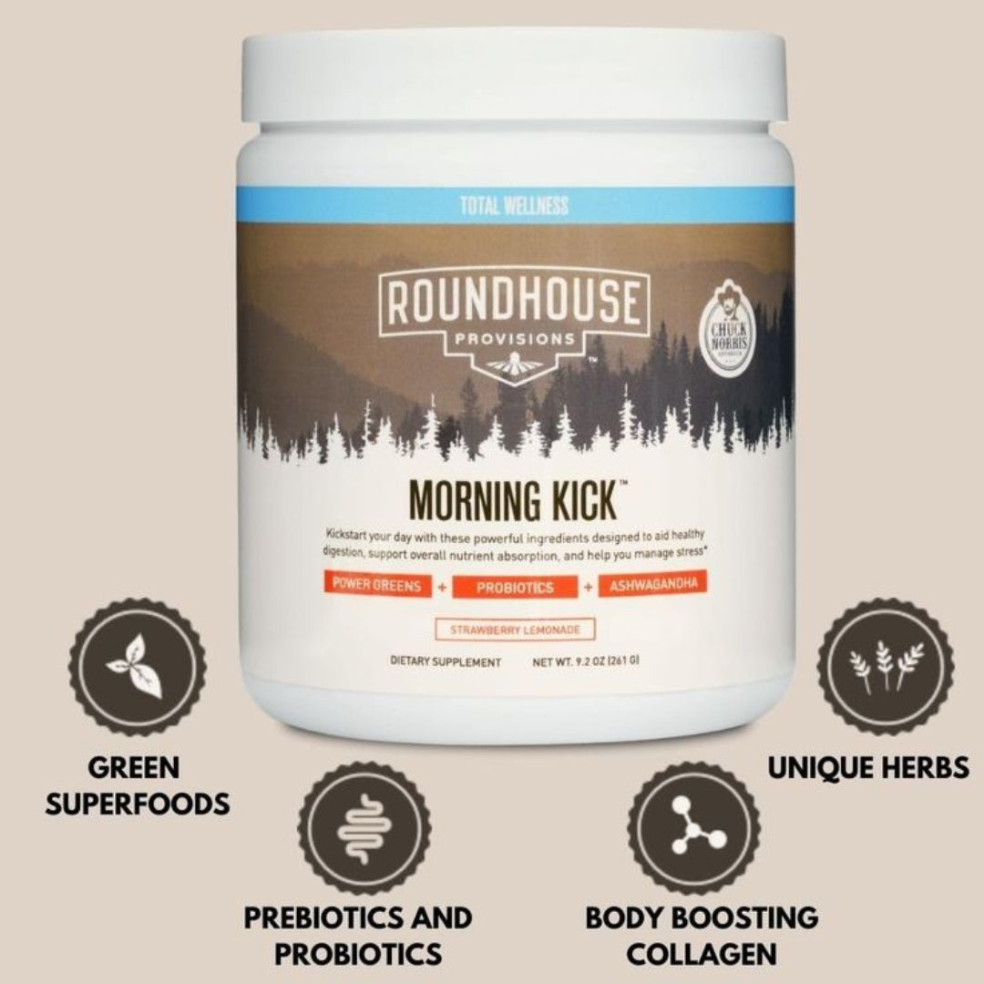 Roundhouse Provisions Morning Kick supplement container with branding and product details on a beige background