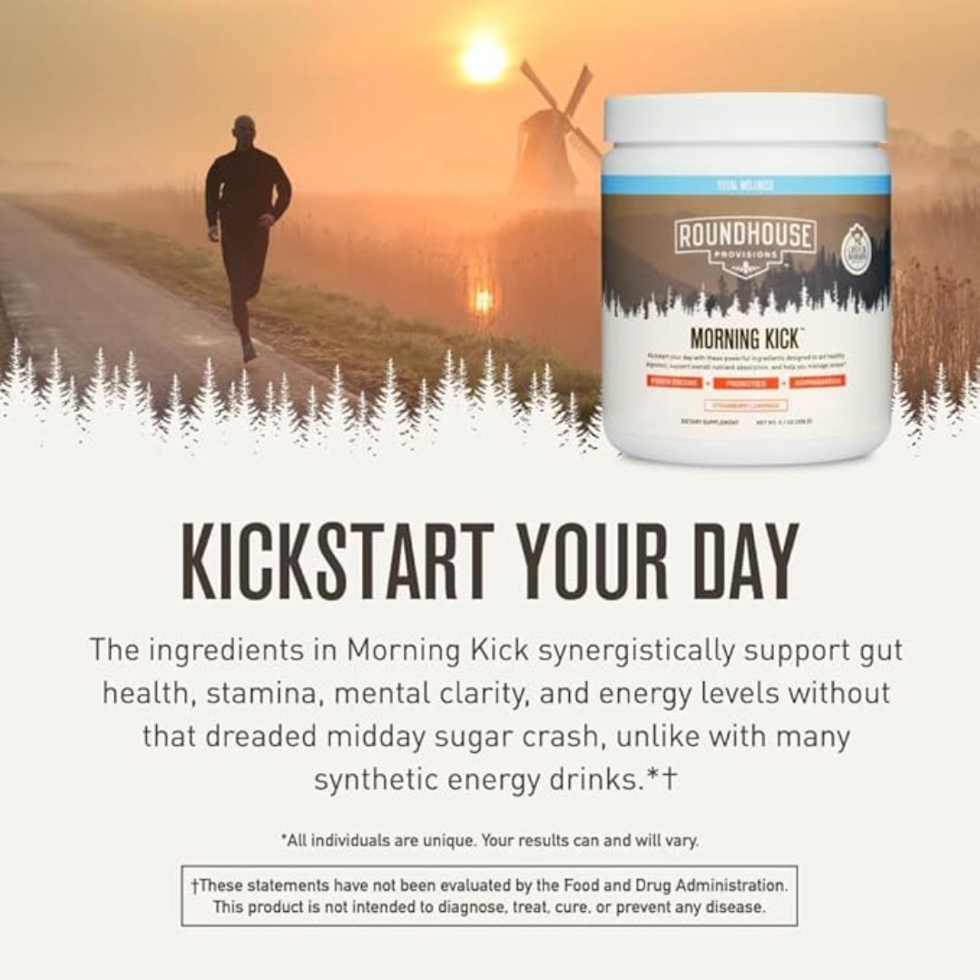 Roundhouse Morning Kick supplement container with a person running and windmill in the background