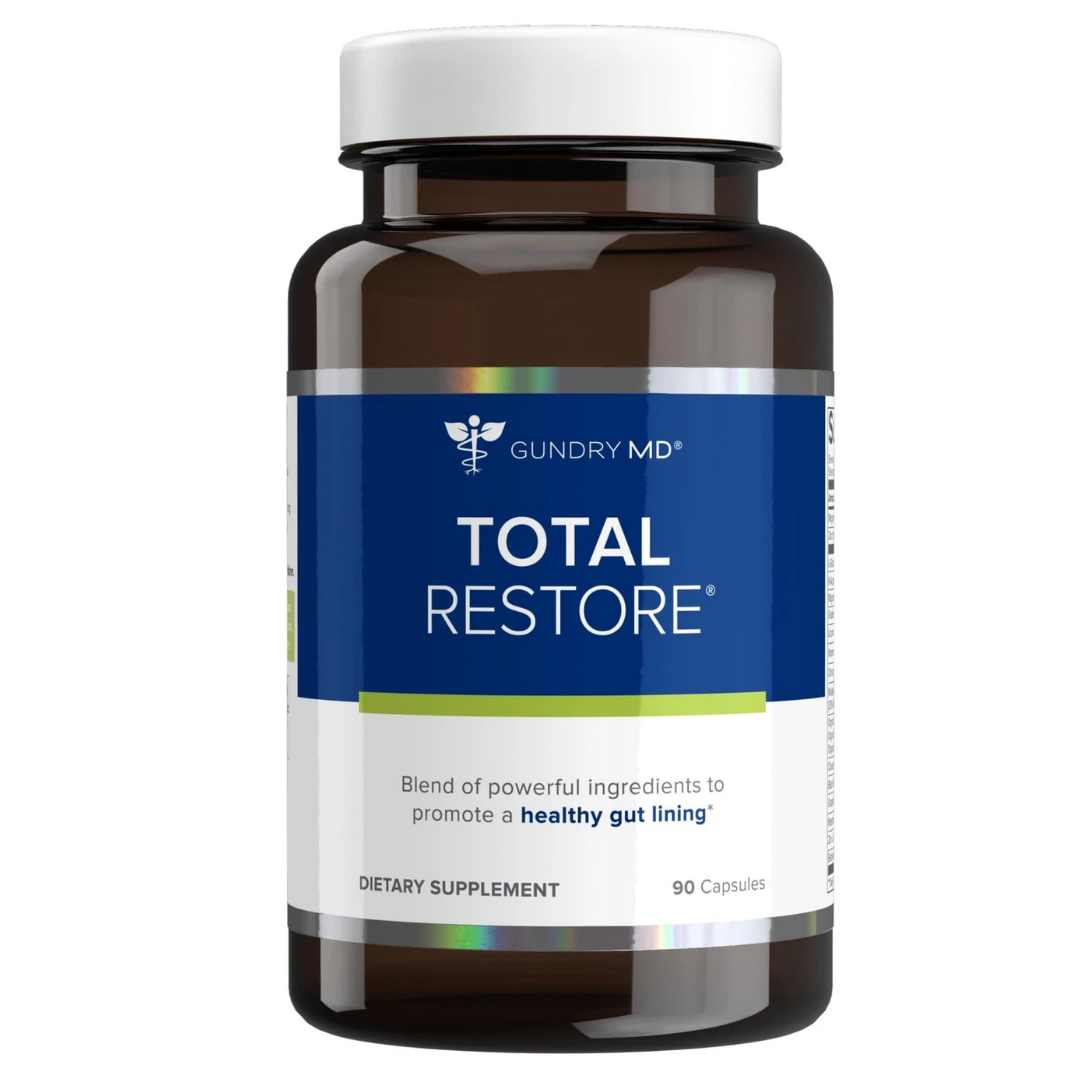 Bottle of Gundry MD Total Restore dietary supplement on a white background
