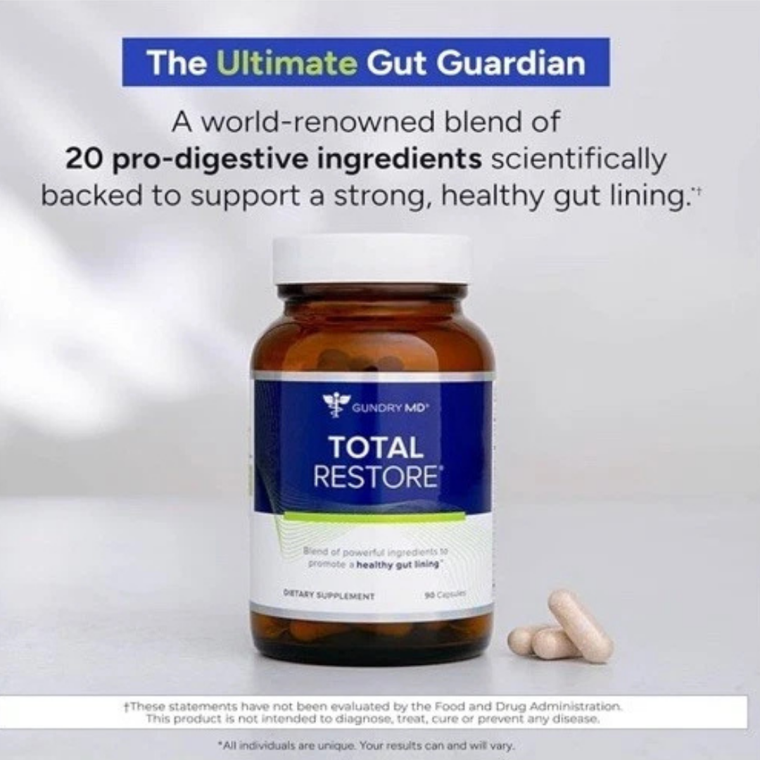 Supplement bottle labeled 'Total Restore' with text about digestive support on a white background