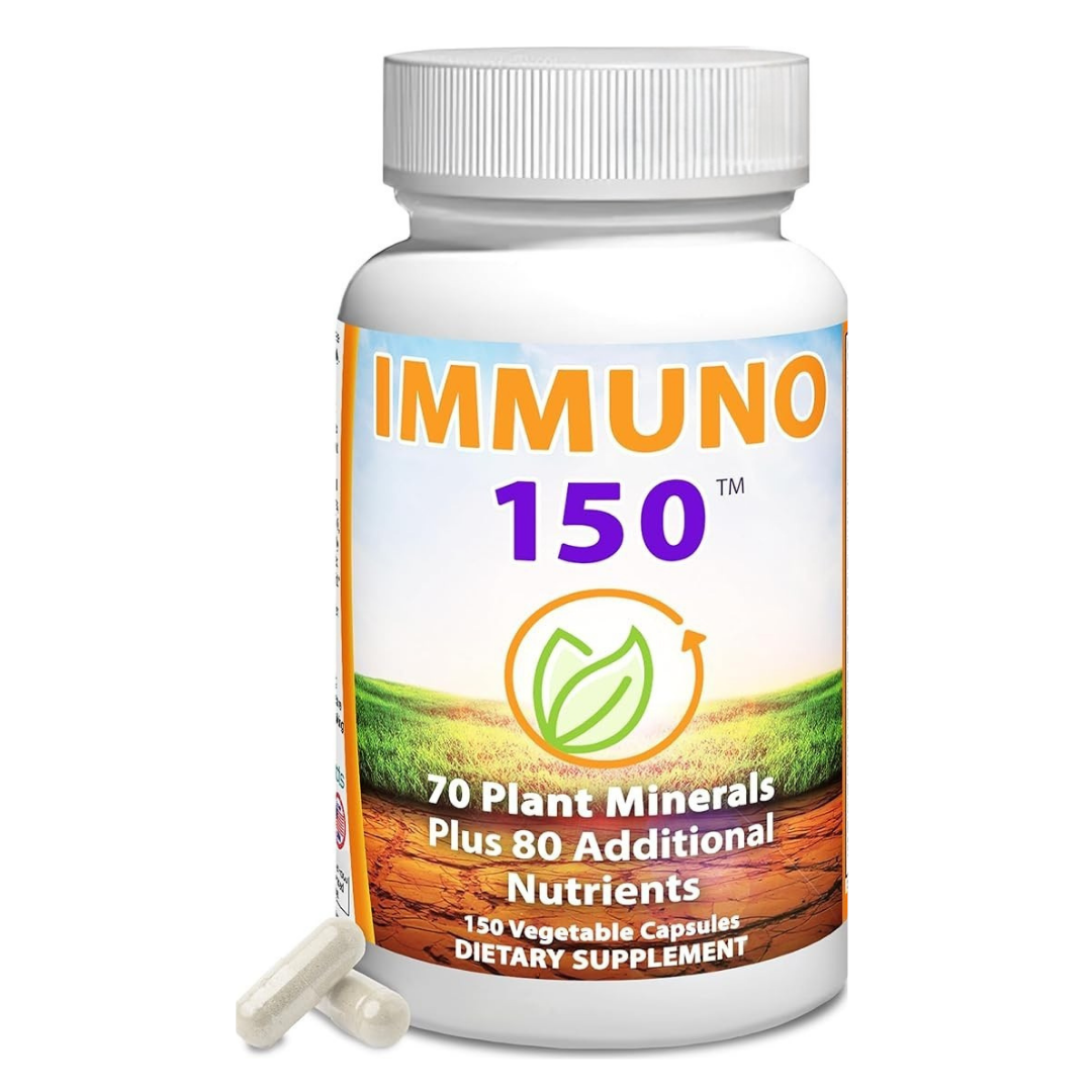 Supplement bottle labeled 'IMMUNO 150' with a white background